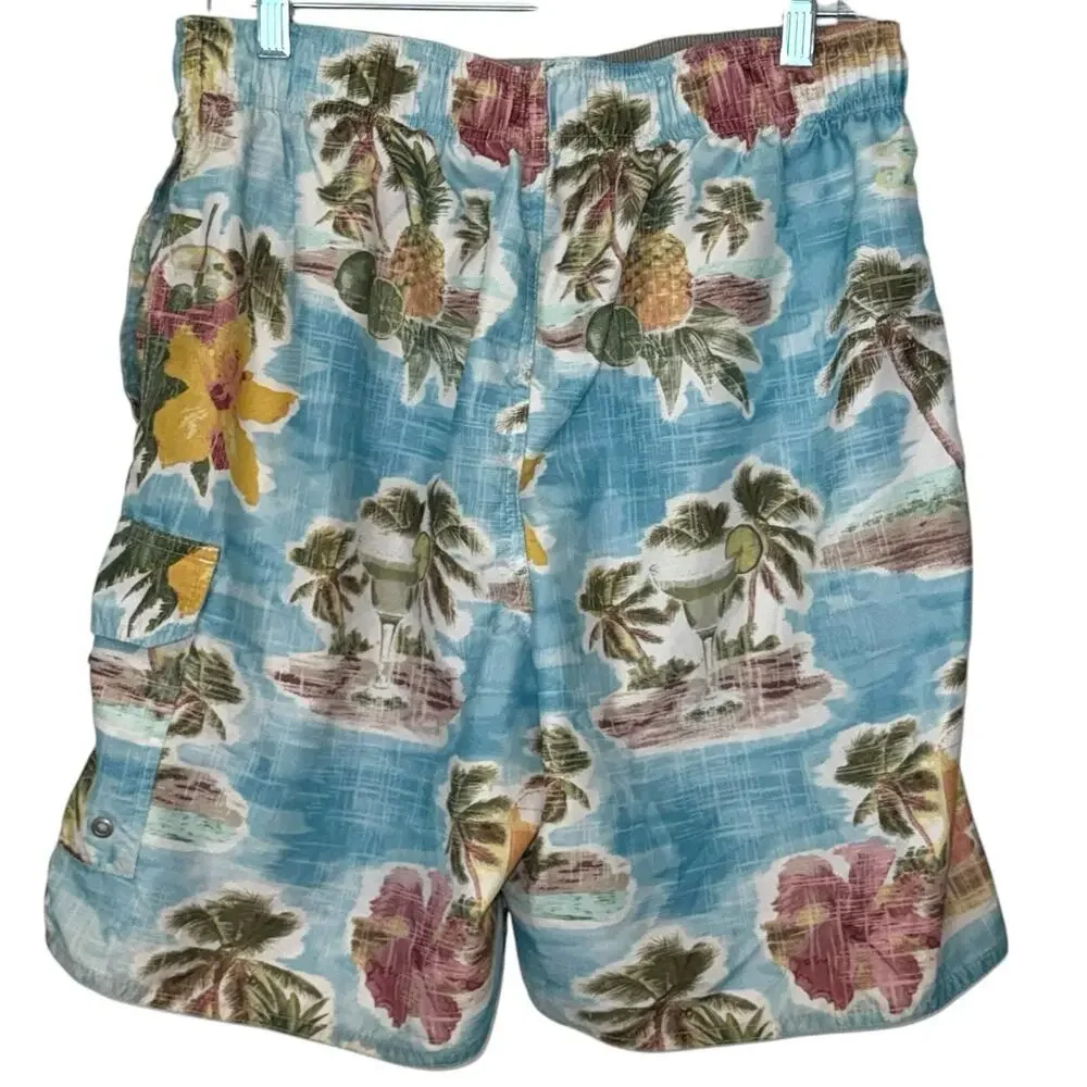 Croft & Barrow Swimsuit, Tropical Bathing Suit Swim Shorts Blue White Mens Large